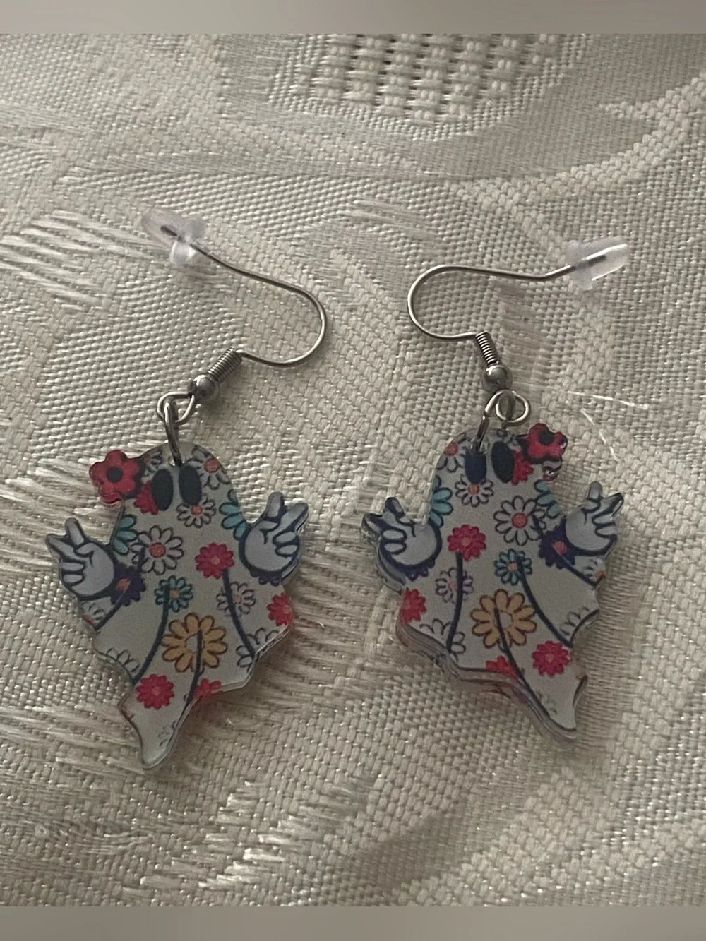 Earrings 1.25”H Summerween Ghosts Ghost Hippie Flowers Peace Sign Halloween New